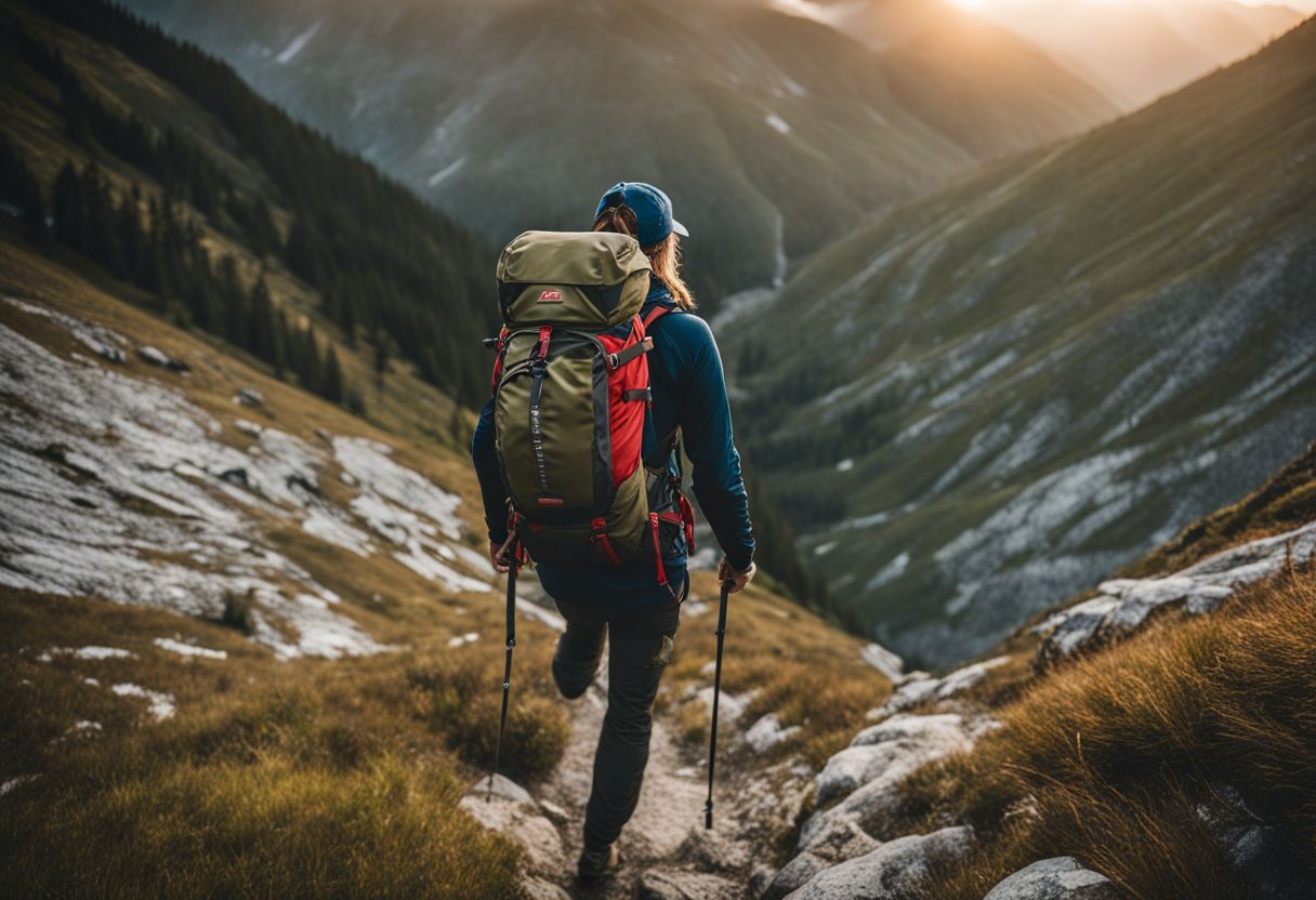 A hiker trekking through a scenic mountain trail with a well-fitted backpack.