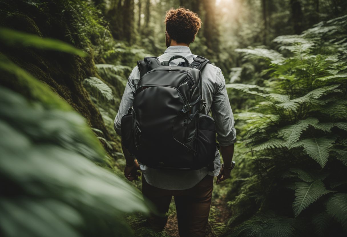 A photo of an ergonomic backpack surrounded by lush greenery.