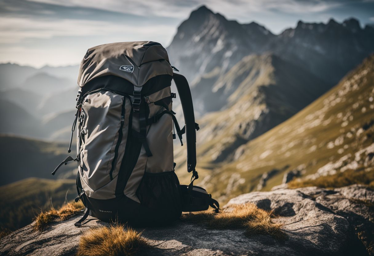 A backpack ready for adventure in a mountain landscape.