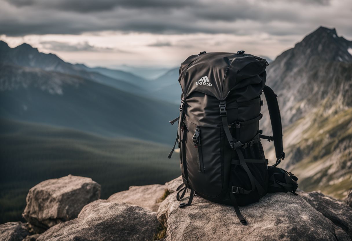 A fully expanded roll-top backpack on a rocky mountain summit.