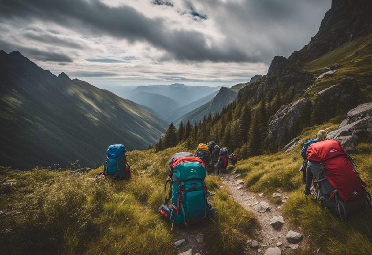 A group of hikers with colorful rucksacks on a mountain trail.