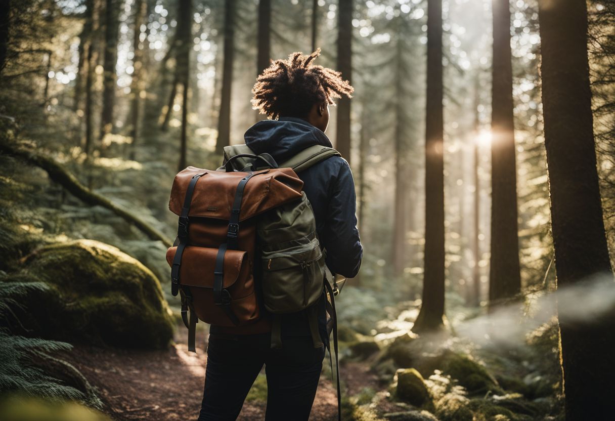 A hiker in a lush forest, carrying a heavy backpack.