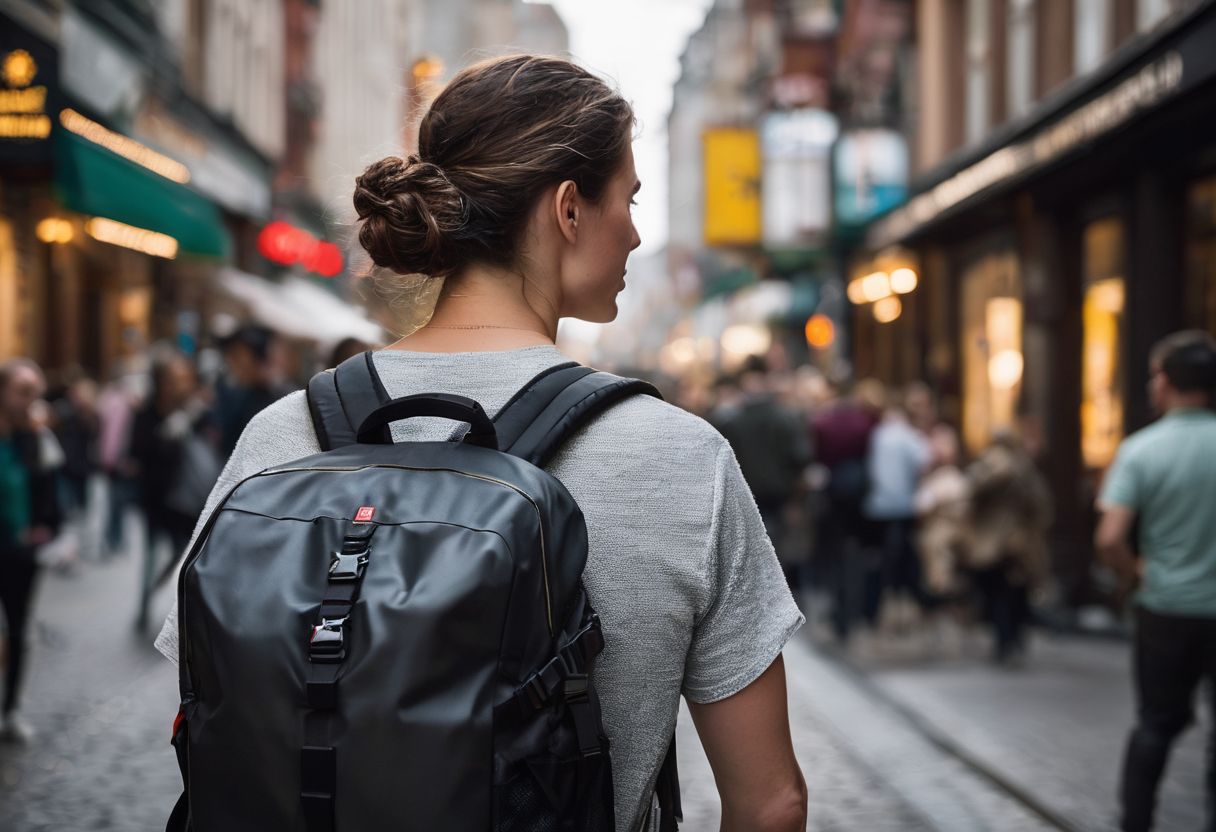 A person with limited mobility using an accessible rucksack in a busy city.