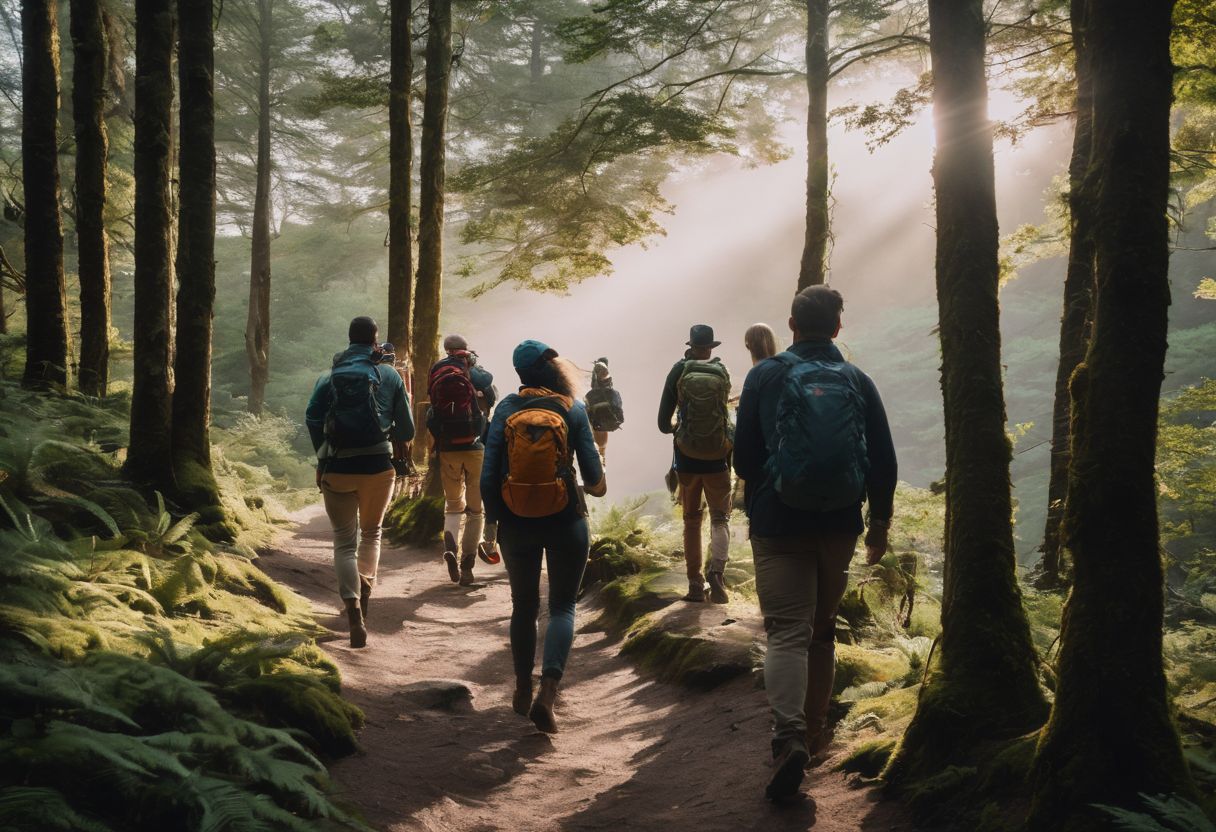 A diverse group of individuals rucking through a scenic nature trail.