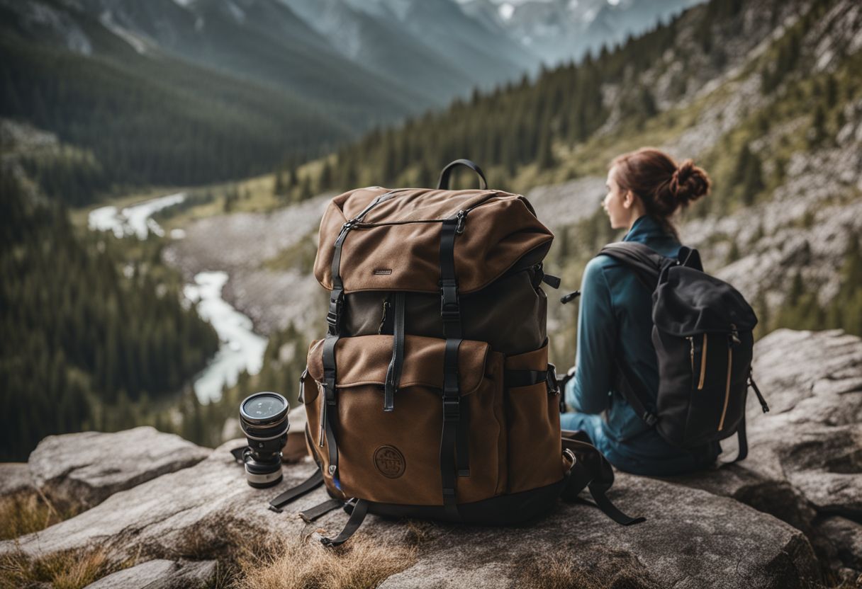 A well-organized backpack against a rugged mountain backdrop in nature photography.
