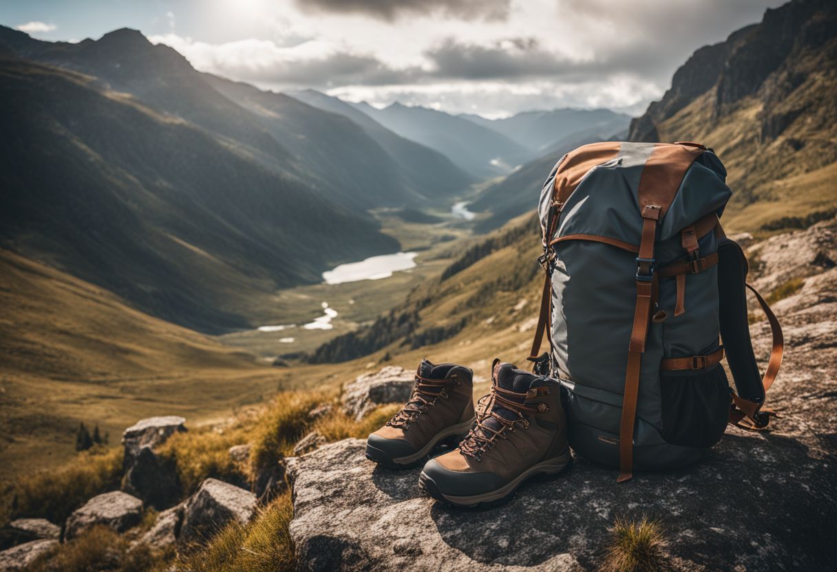 A backpack and hiking boots on a rugged mountain trail.
