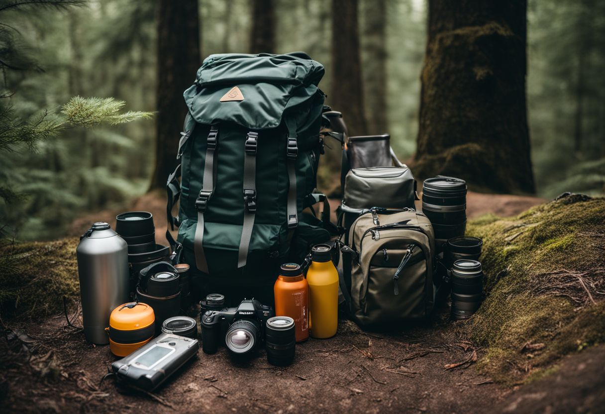 A well-organized camping backpack with hiking gear in a lush forest.