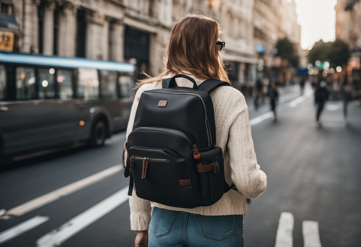 An anti-theft backpack with lockable compartments in a bustling city.