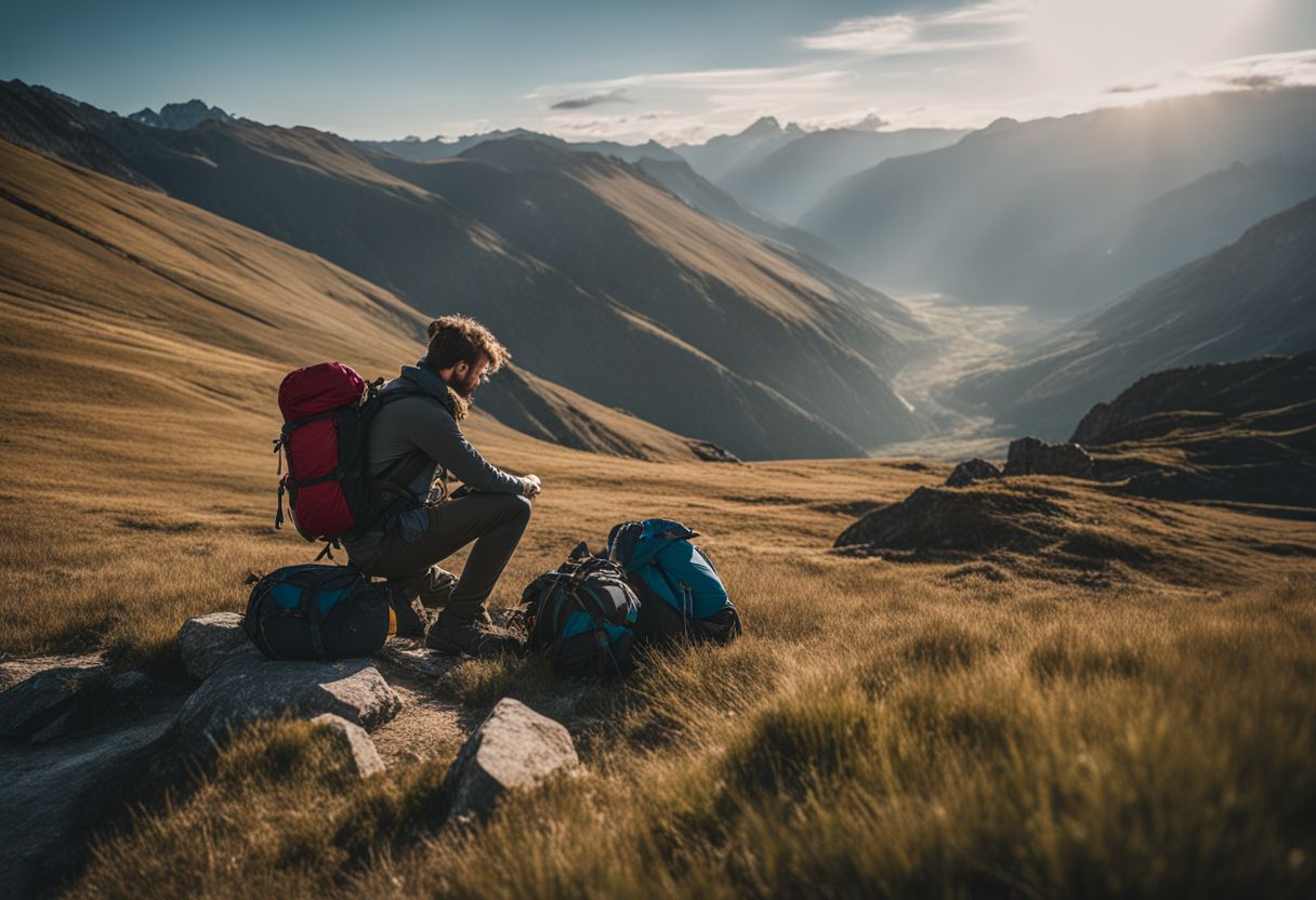 A backpacker adjusts their gear in a mountainous landscape.