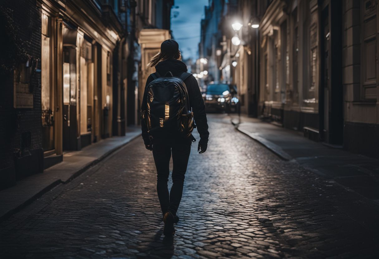 A photo of a reflective rucksack and side pack on a city street at night.