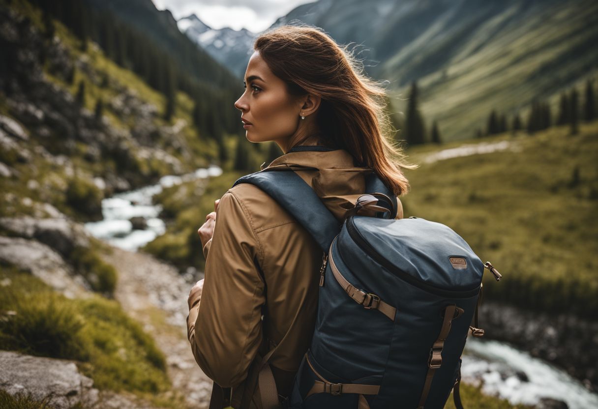 A woman-specific backpack on a scenic mountain trail.