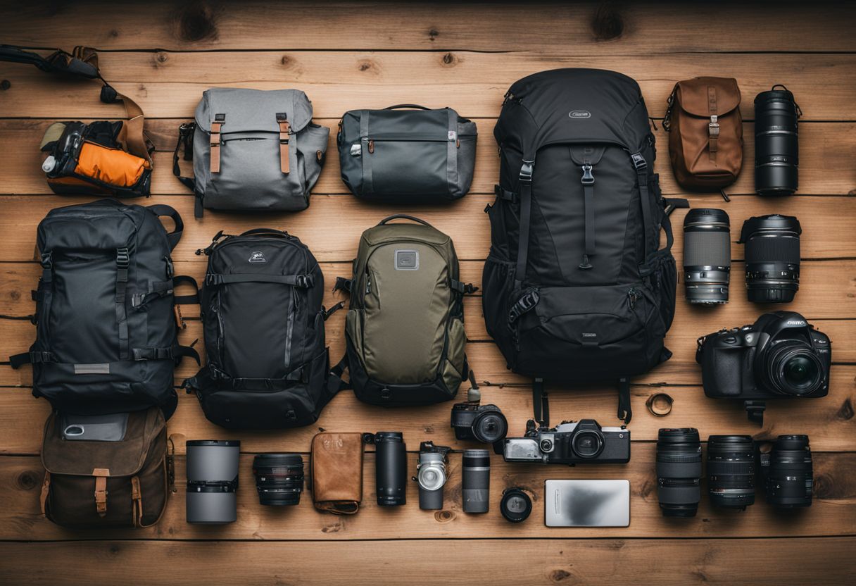A variety of backpack sizes and outdoor adventure gear on a table.