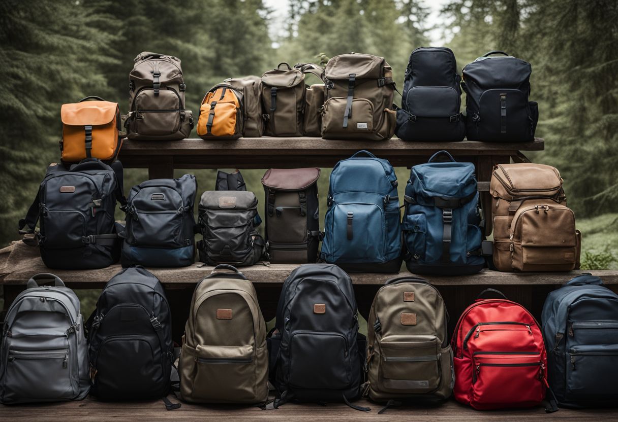 A variety of backpacks neatly arranged in a spacious outdoor setting.