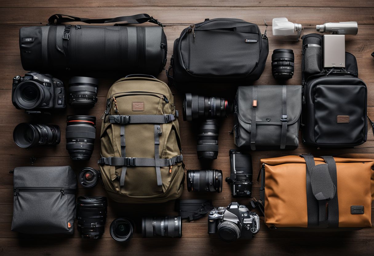 A modular rucksack system surrounded by outdoor gear and people.