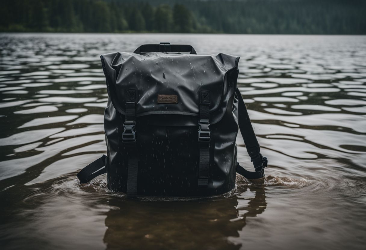 A waterproof backpack submerged in a lake during heavy rain.