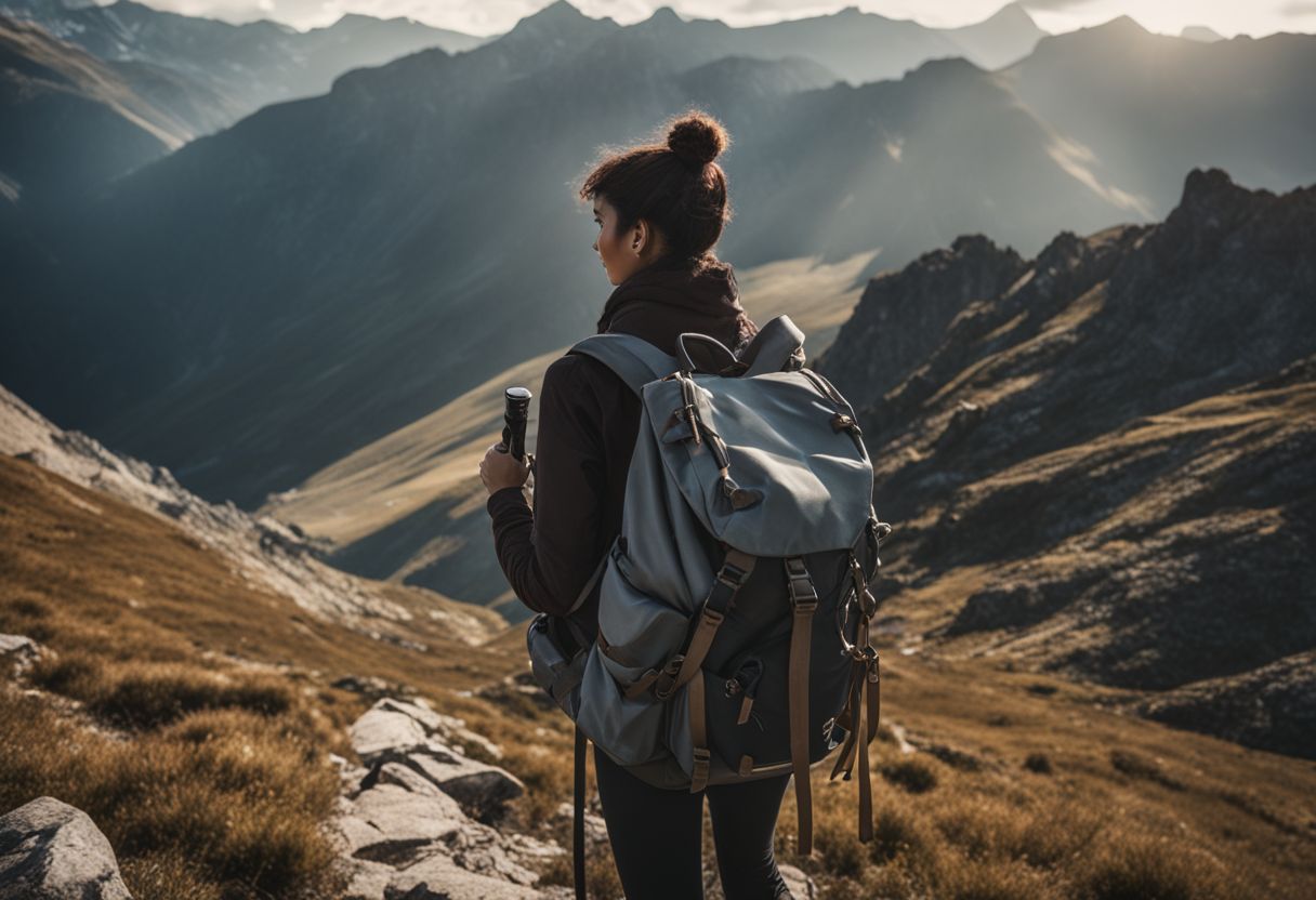 A hiker adjusts backpack straps in a stunning mountain landscape.
