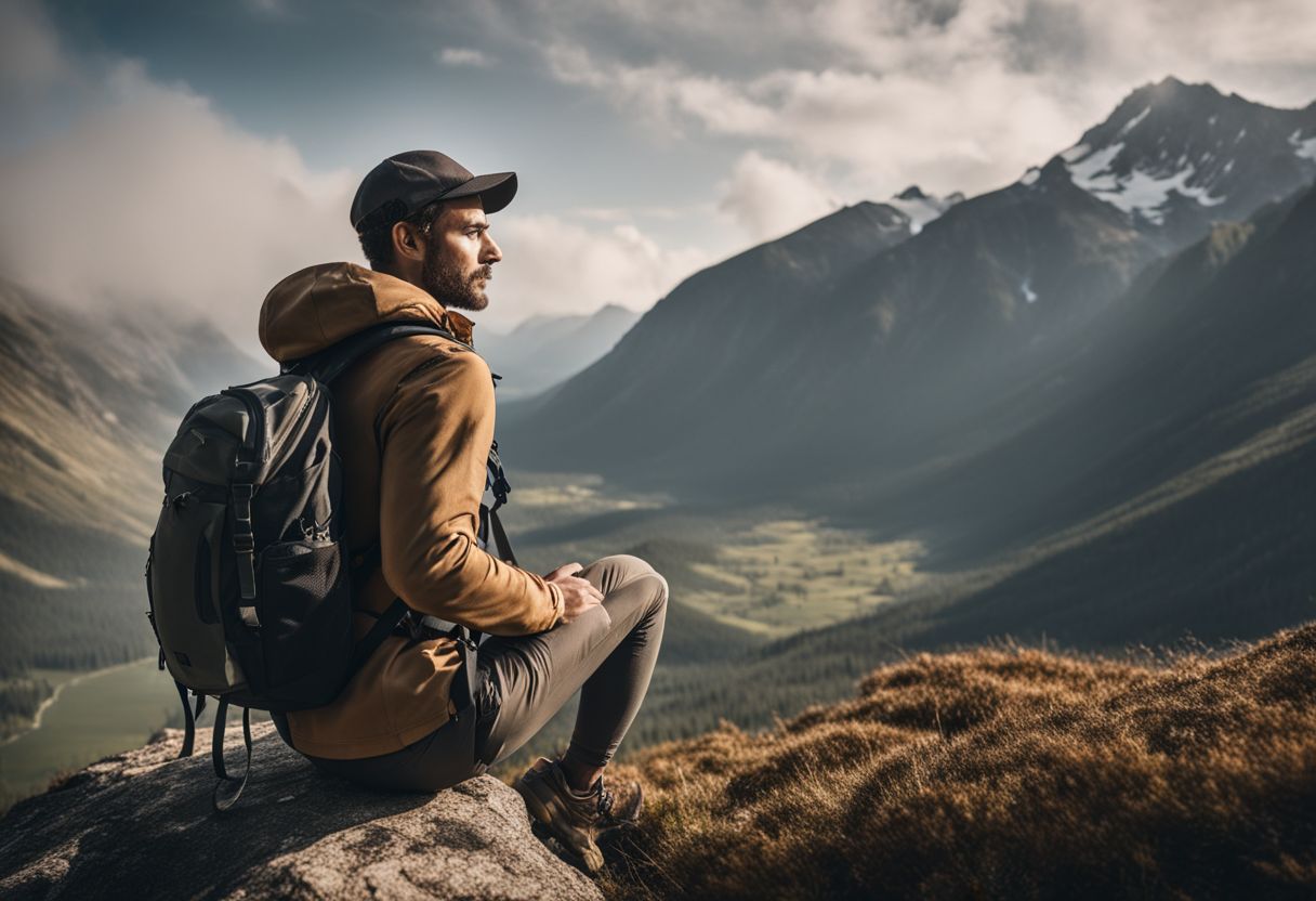 A hiker with a versatile backpack admiring a scenic mountain view.