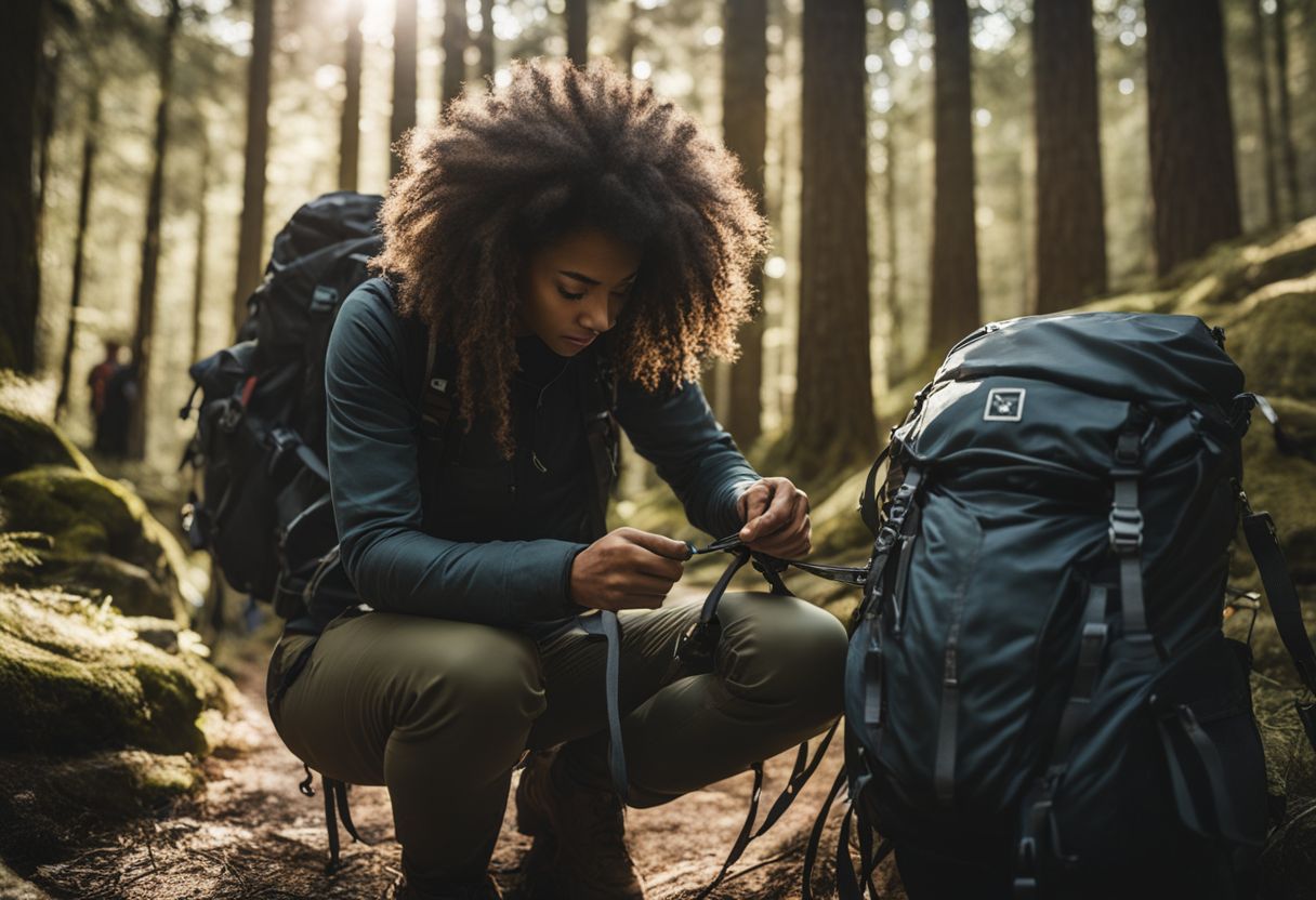 A hiker adjusting backpack straps in a forest setting.