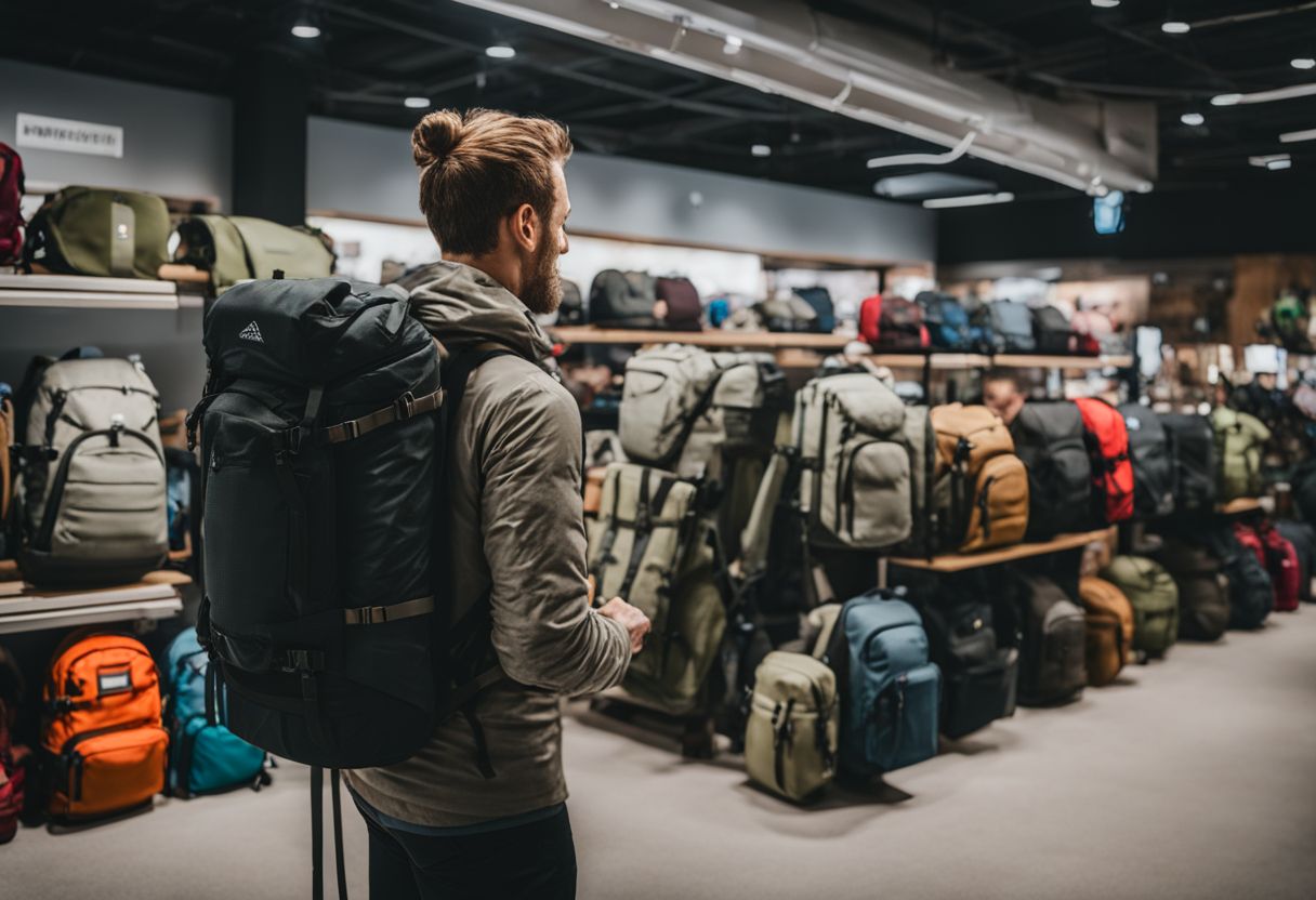 A hiker trying on backpacks in a busy outdoor gear store.