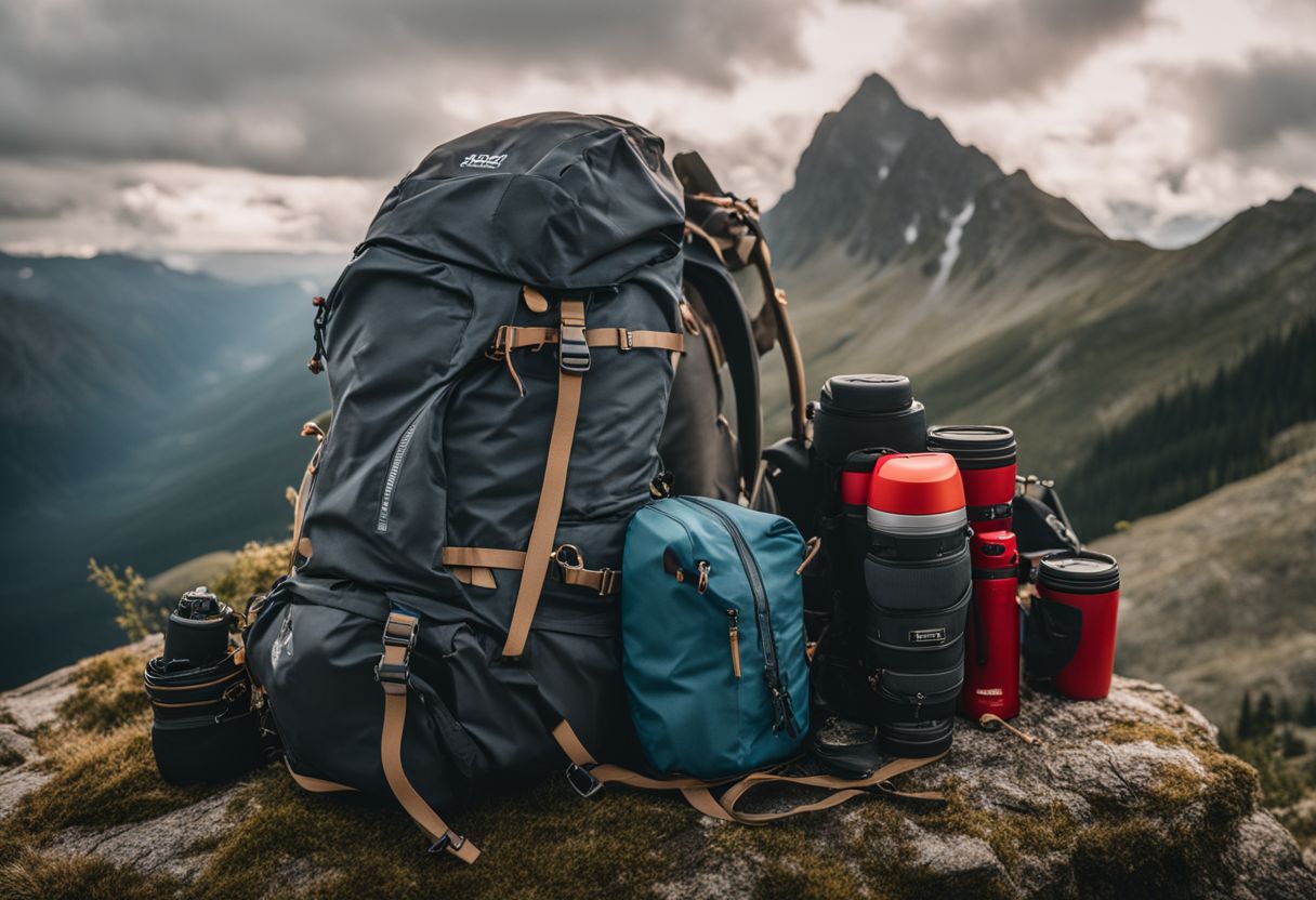 A properly fitting rucksac surrounded by hiking gear in a natural setting.