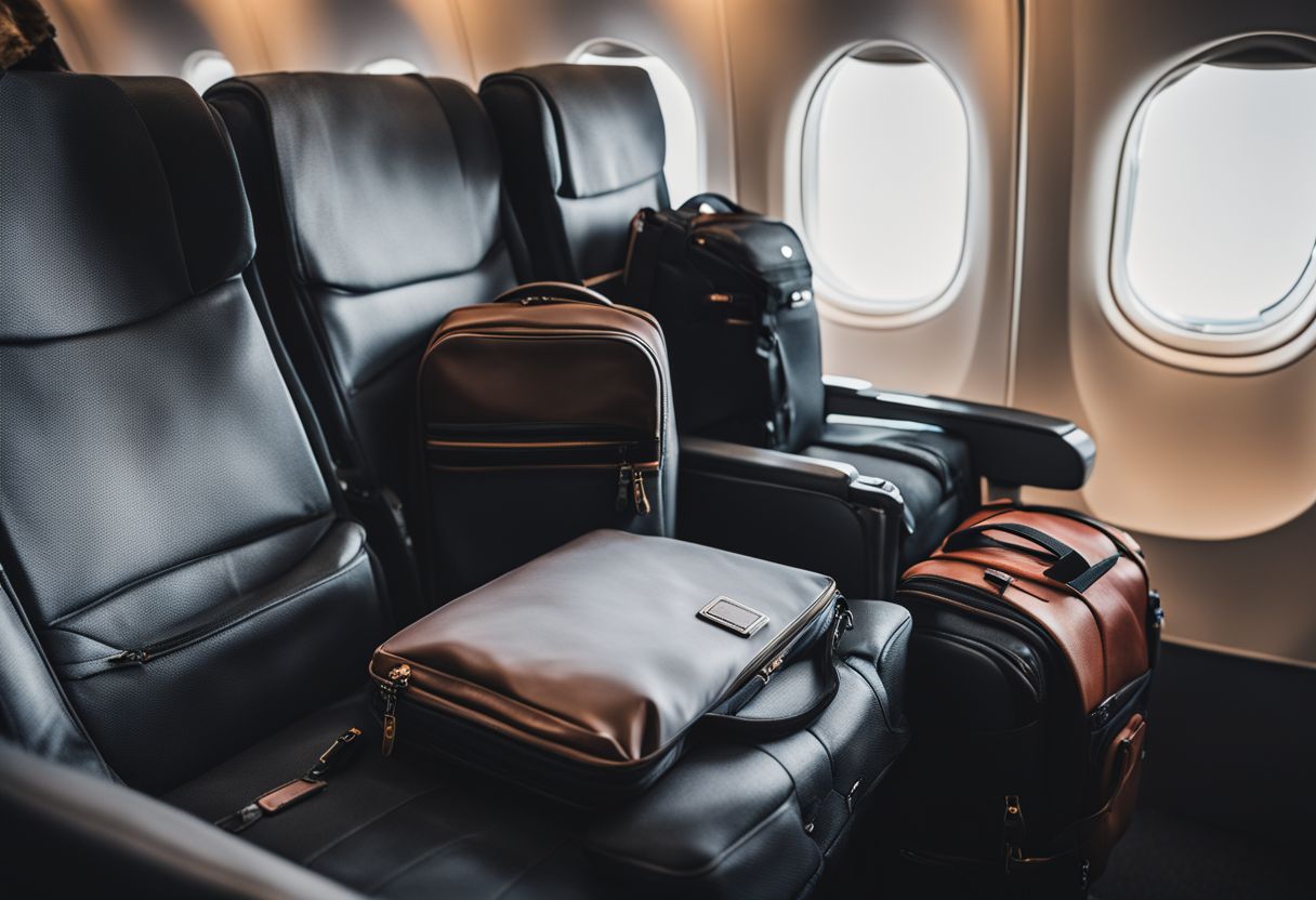A well-packed backpack next to an airplane seat with various travelers.