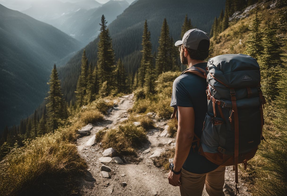 A hiker with a backpack walking on a mountain trail.