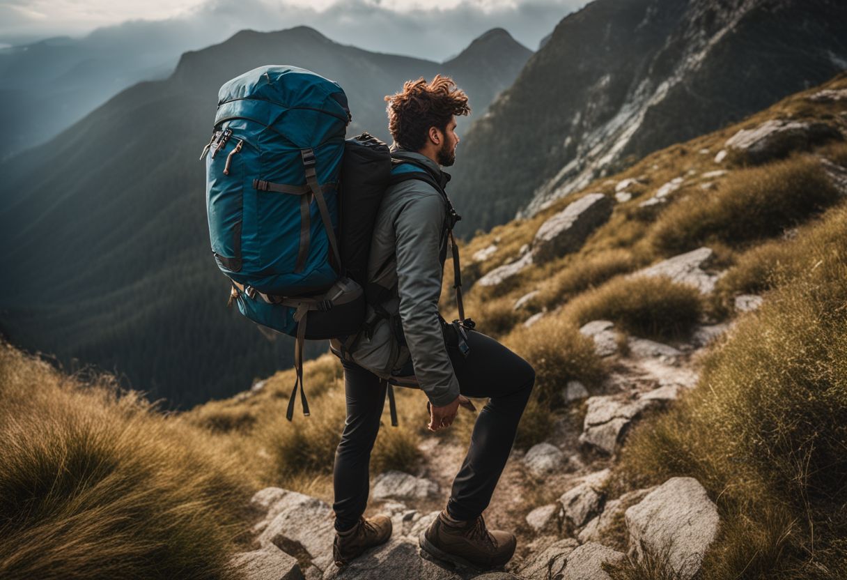 A hiker struggles with an oversized backpack on a steep trail.