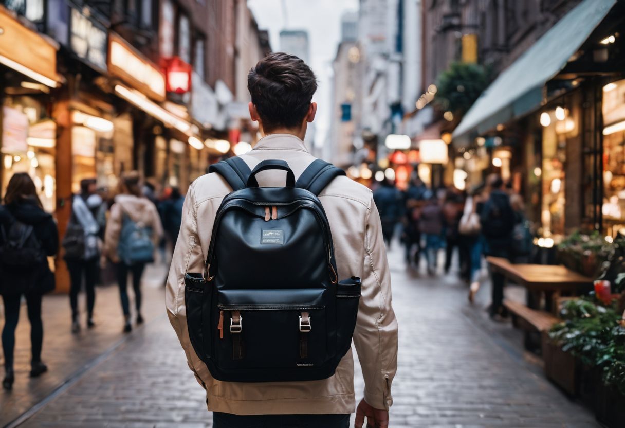 A person walking through a busy city with a medium-sized backpack.