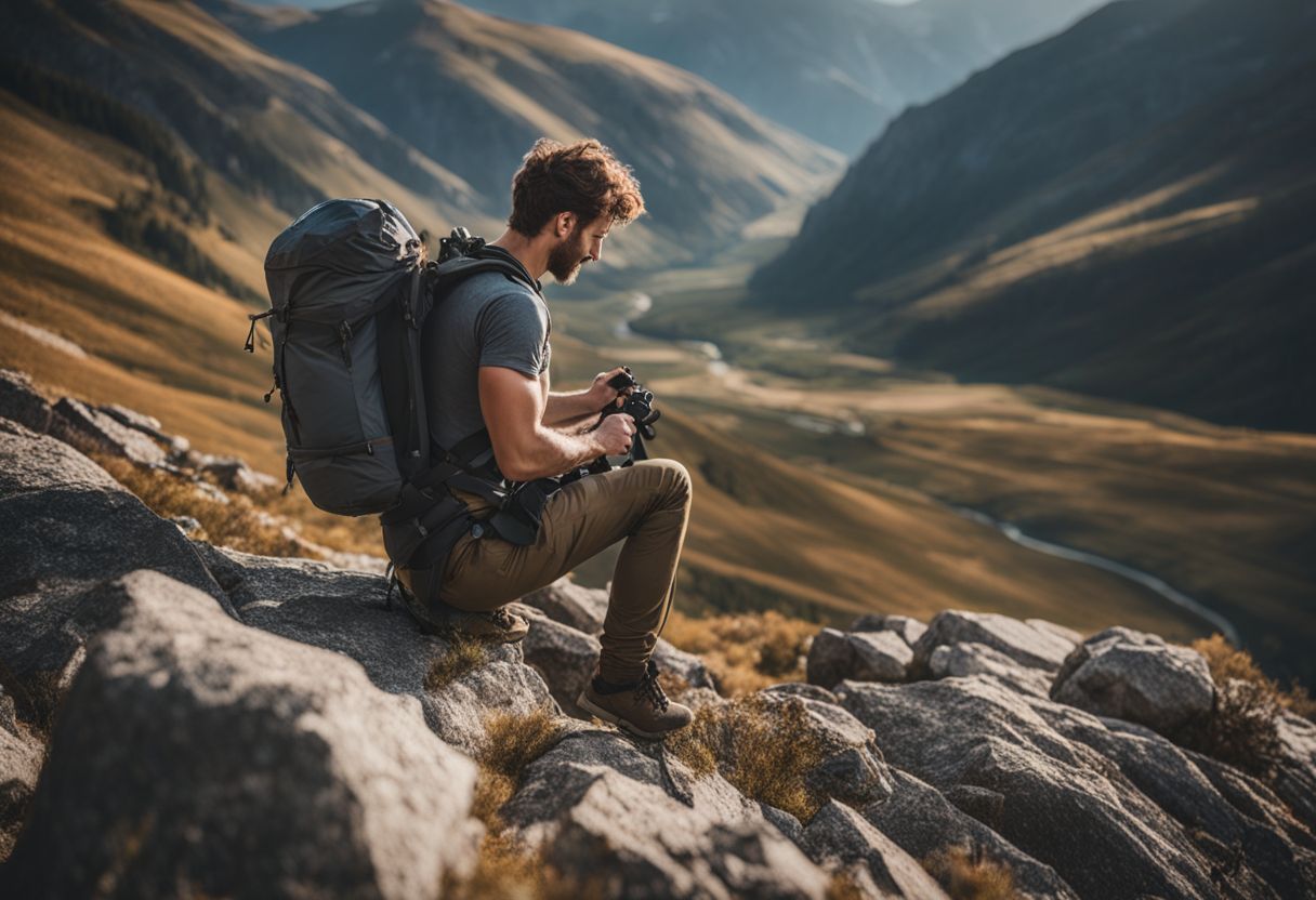 A hiker adjusts a loaded rucksack in front of a mountainous landscape.