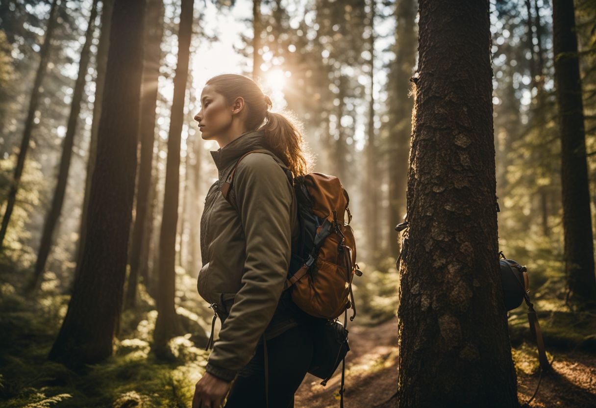 A hiker adjusting backpack straps in a sunlit forest.