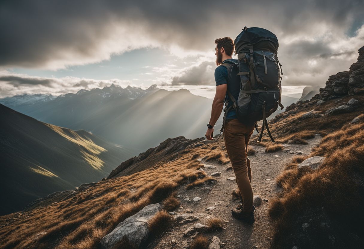 A hiker standing on a mountain trail wearing a backpack.