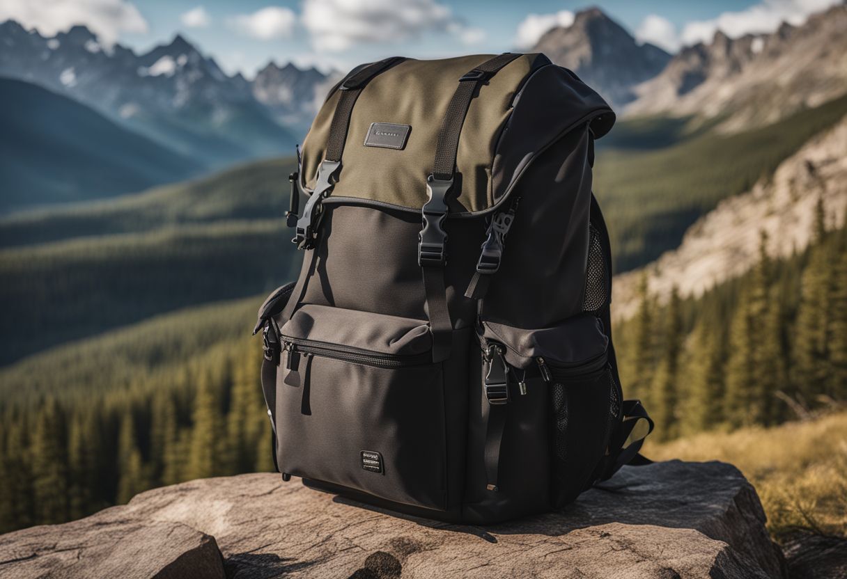 A backpack displayed in a scenic outdoor environment with important features.