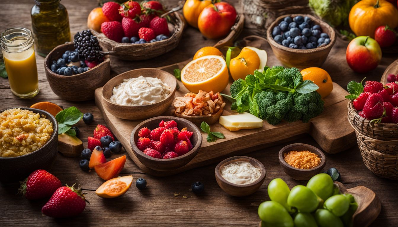 An array of colorful, healthy foods displayed on a rustic table.