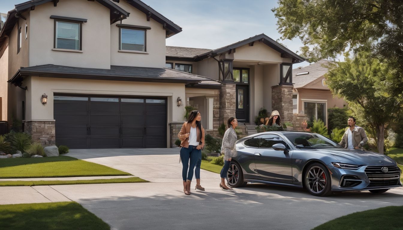 A diverse family stands in front of their insured home and vehicles.