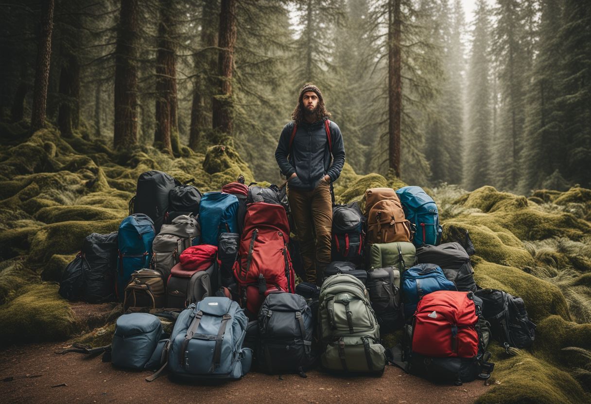 A backpacker surrounded by camping gear and a variety of backpacks.