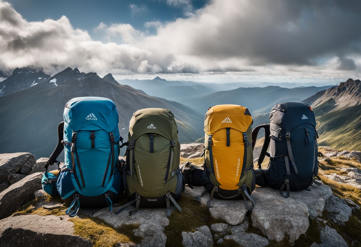A line-up of recommended rucksacks on a mountain summit.