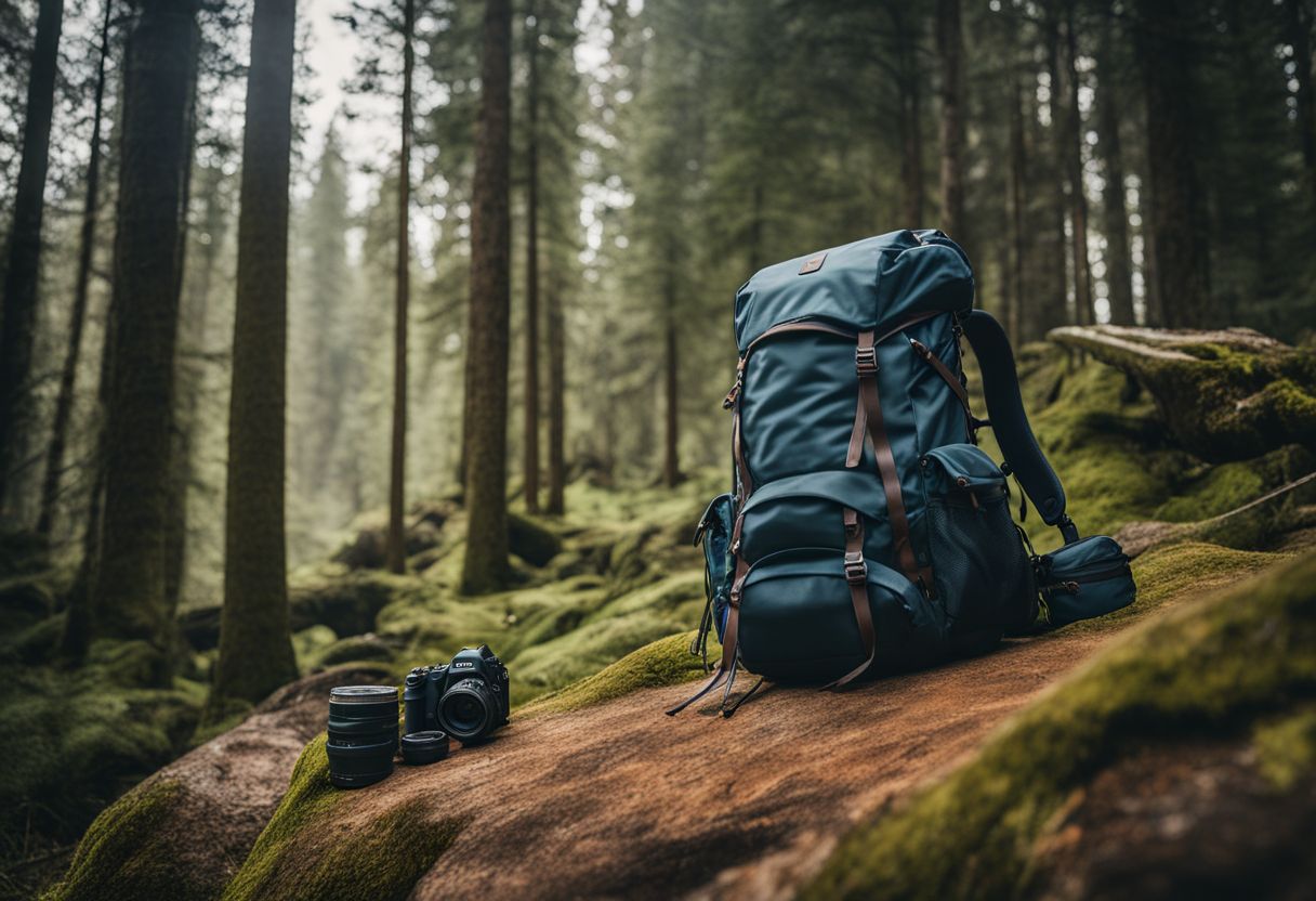 A well-equipped rucksack surrounded by outdoor gear in a forest.