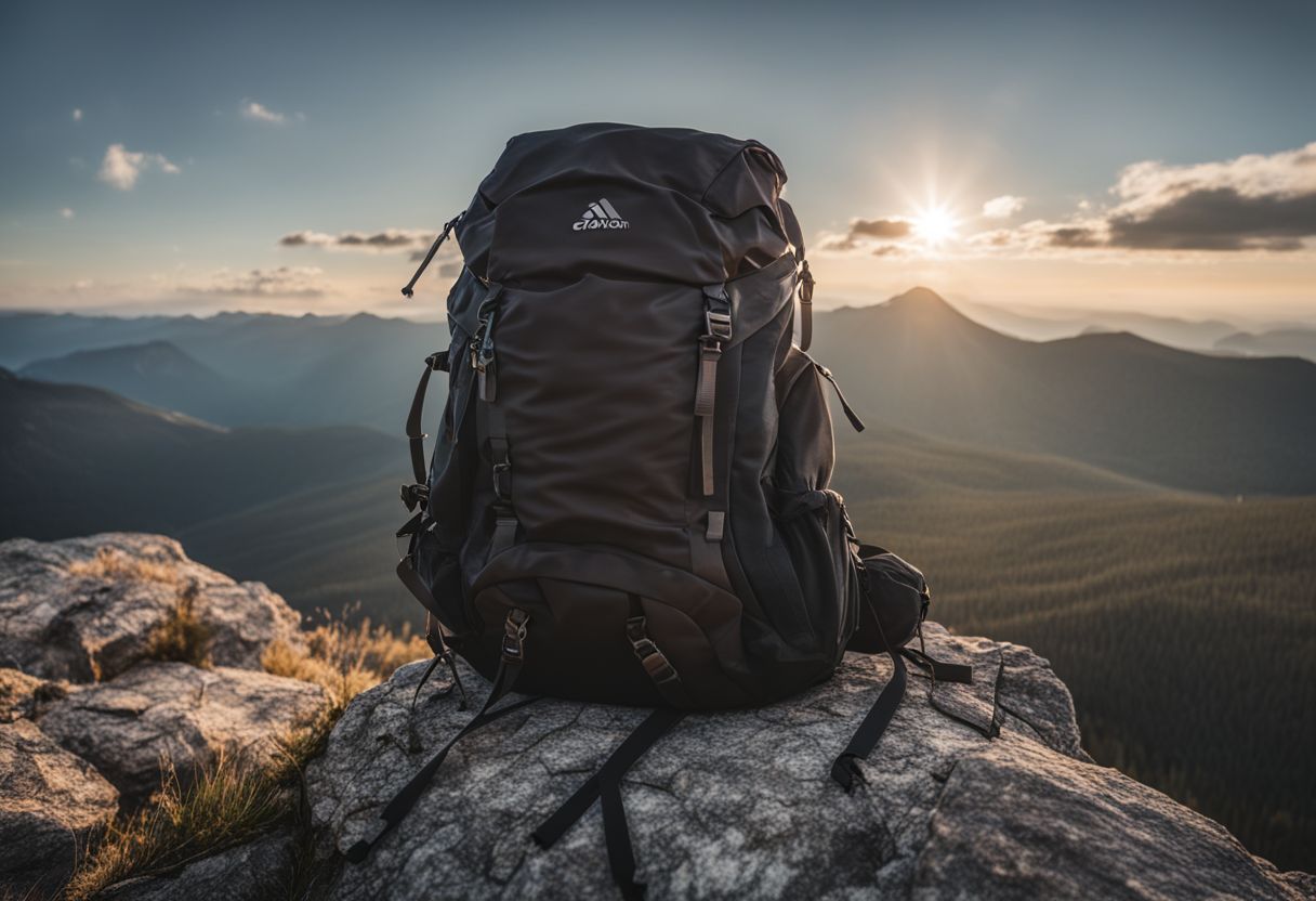 A well-fitting backpack on a rocky mountain summit.
