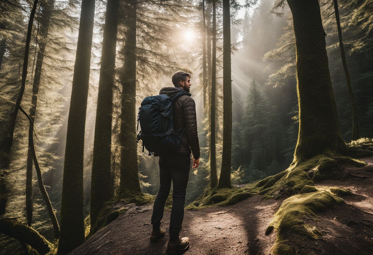 A hiker with a properly fitting rucksack standing tall in a forest.
