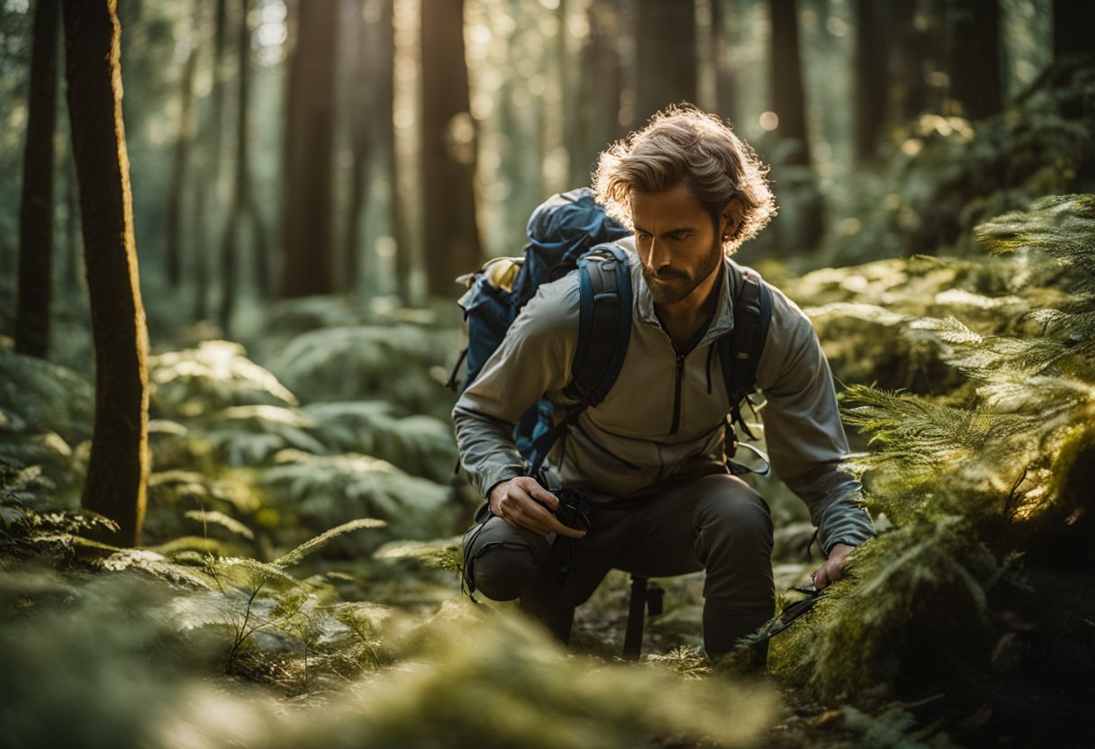 A hiker adjusting backpack straps in a lush forest.