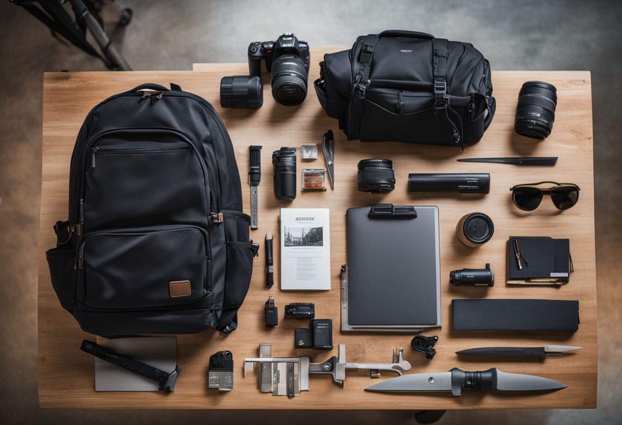 A well-equipped backpack surrounded by various photography and work tools.