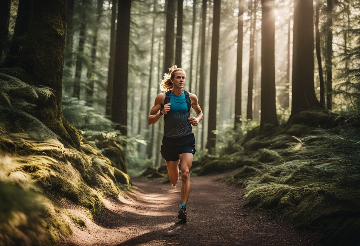 A runner wearing a pack is running on a lush forest trail.