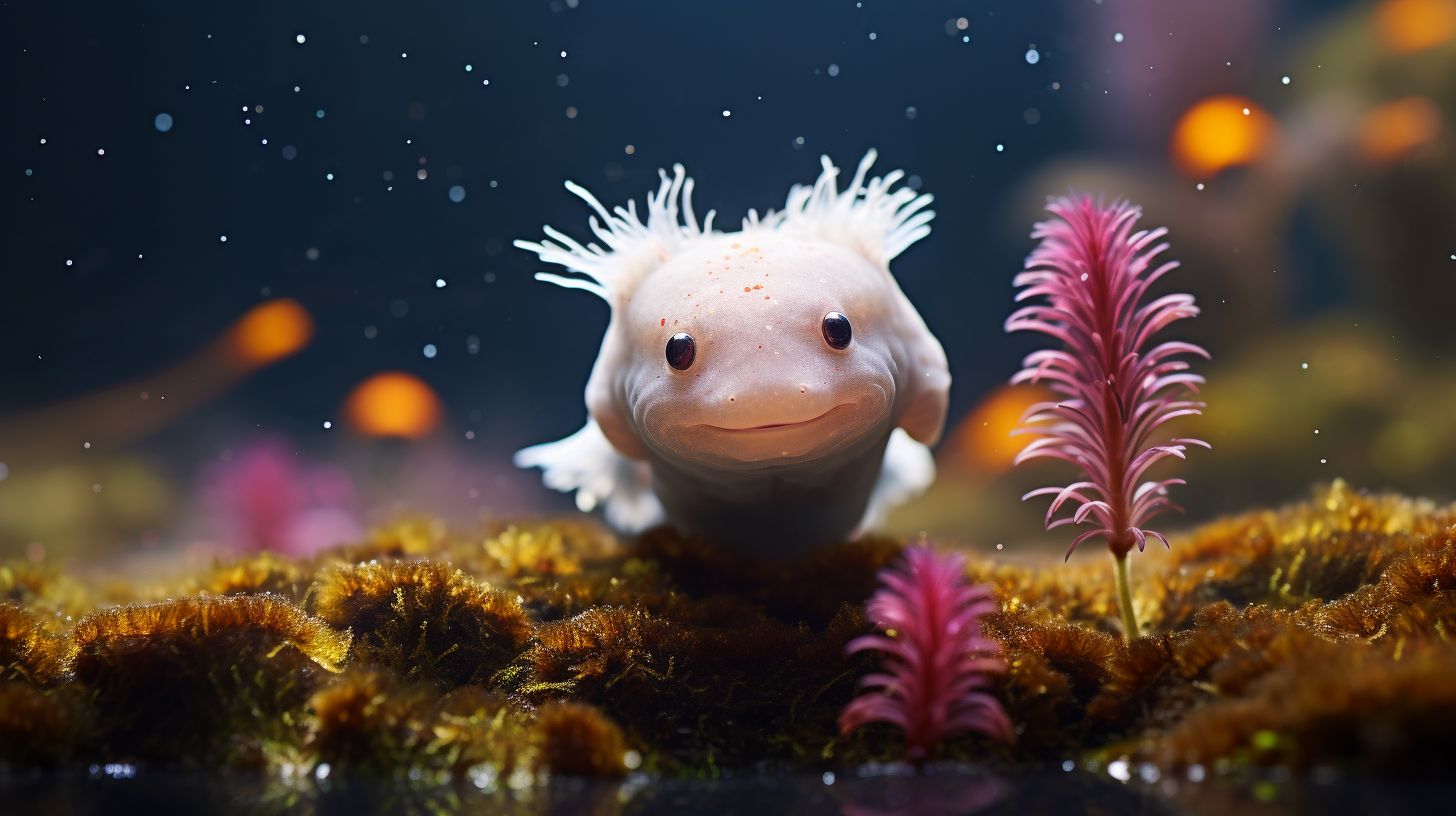 An axolotl swimming among aquatic plants captured in close-up.