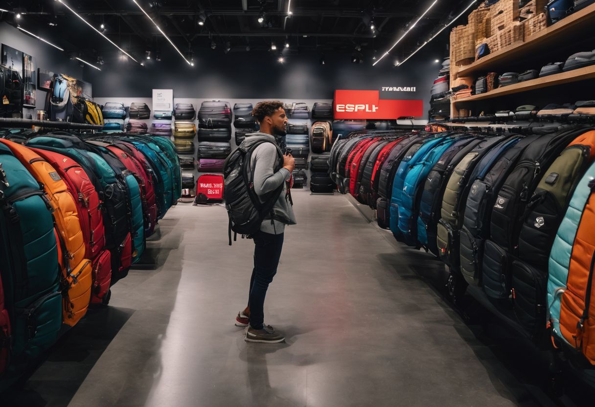 A person standing in front of a row of backpacks in an outdoor gear store.
