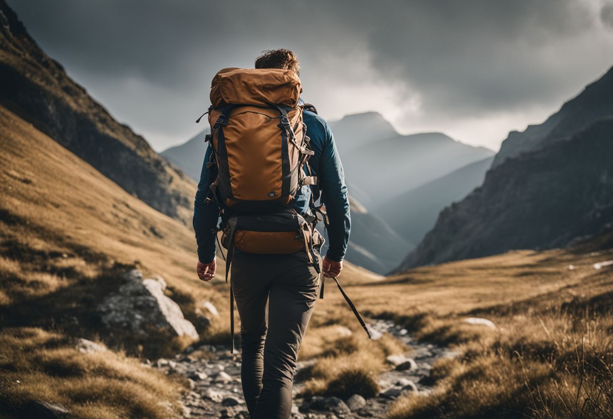 A hiker trekking through rugged mountain terrain with a backpack.