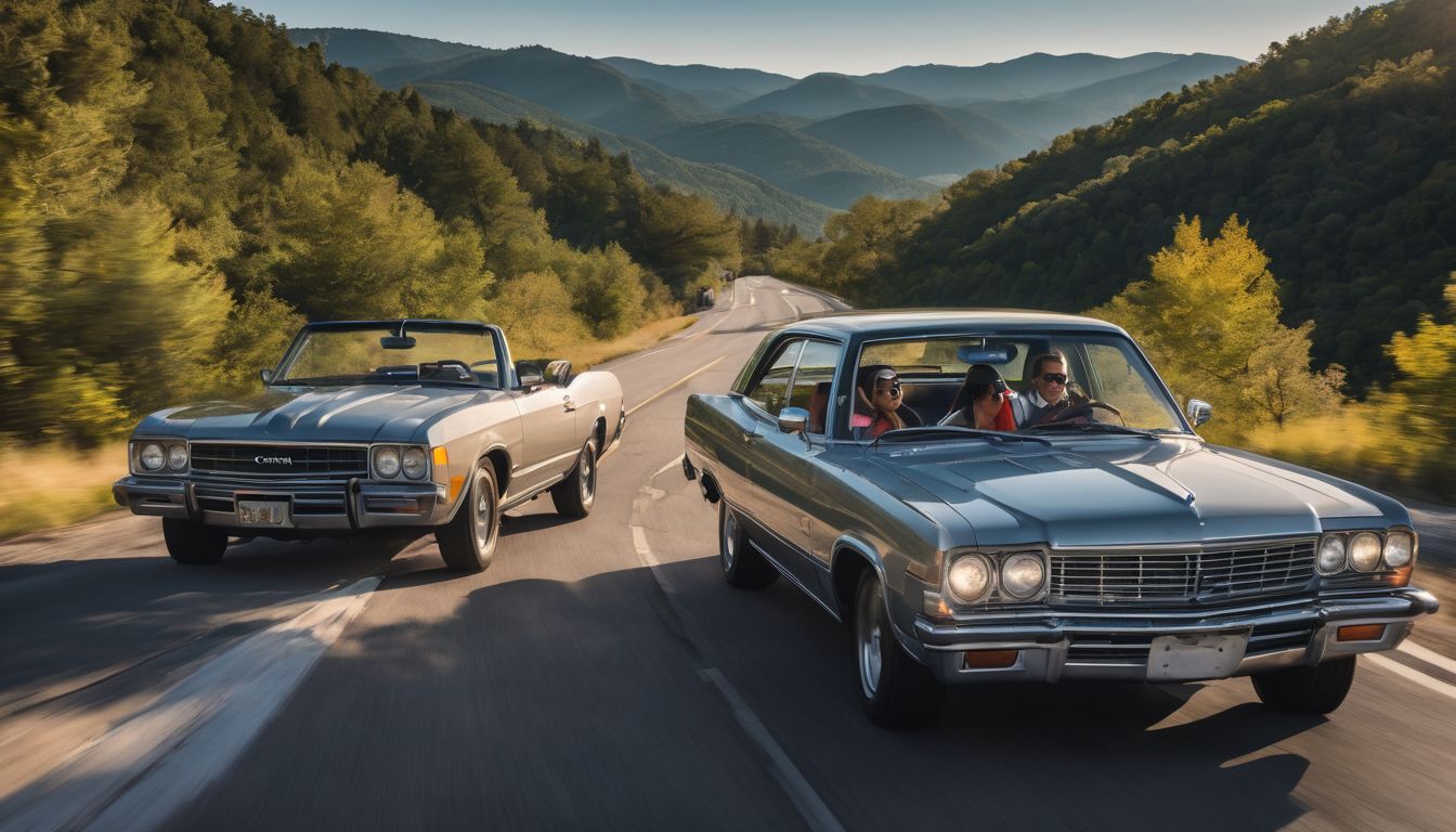 A joyful family enjoying a road trip together in a beautiful landscape.