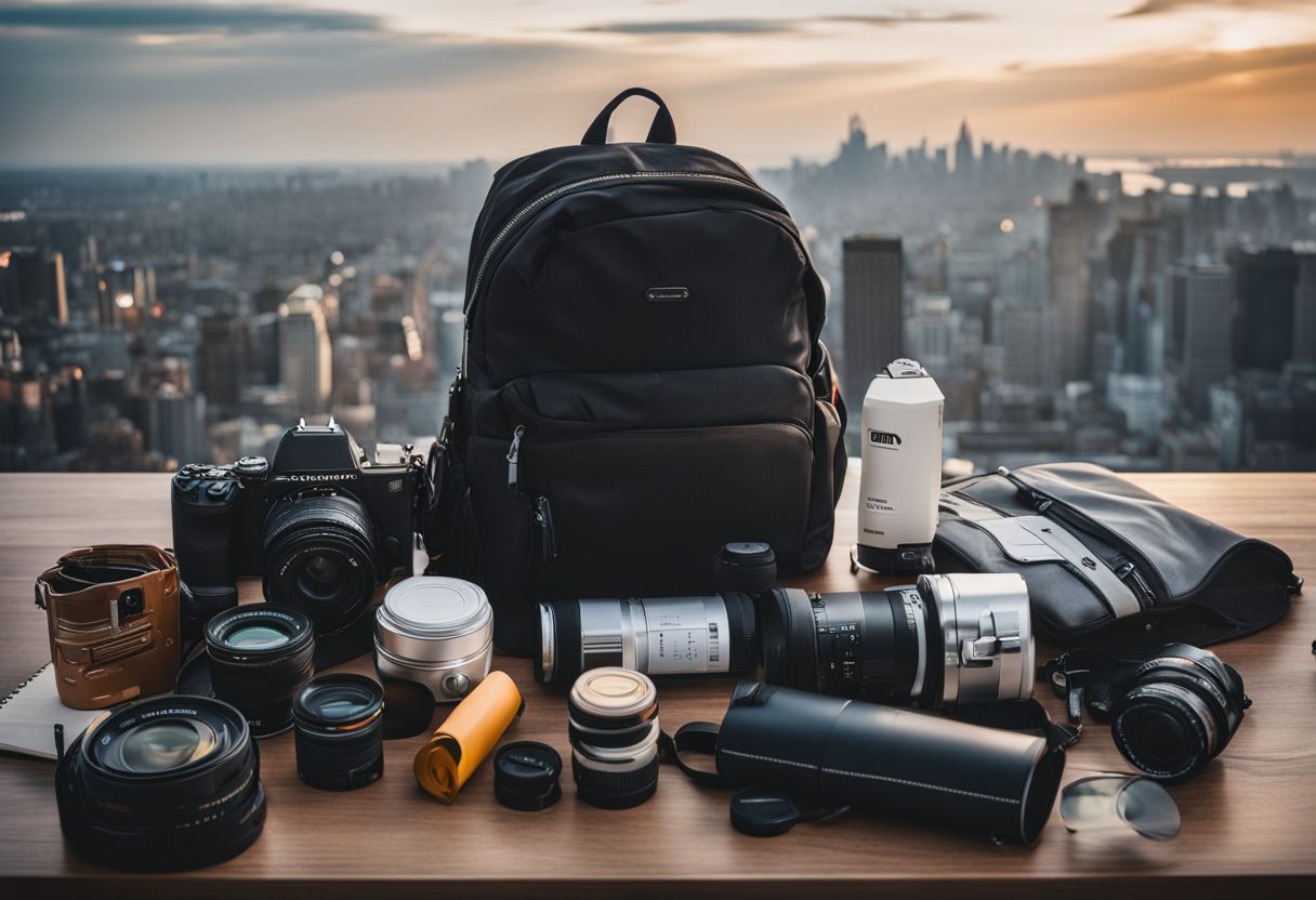 A neatly organized backpack with various items spilling out in an urban cityscape.