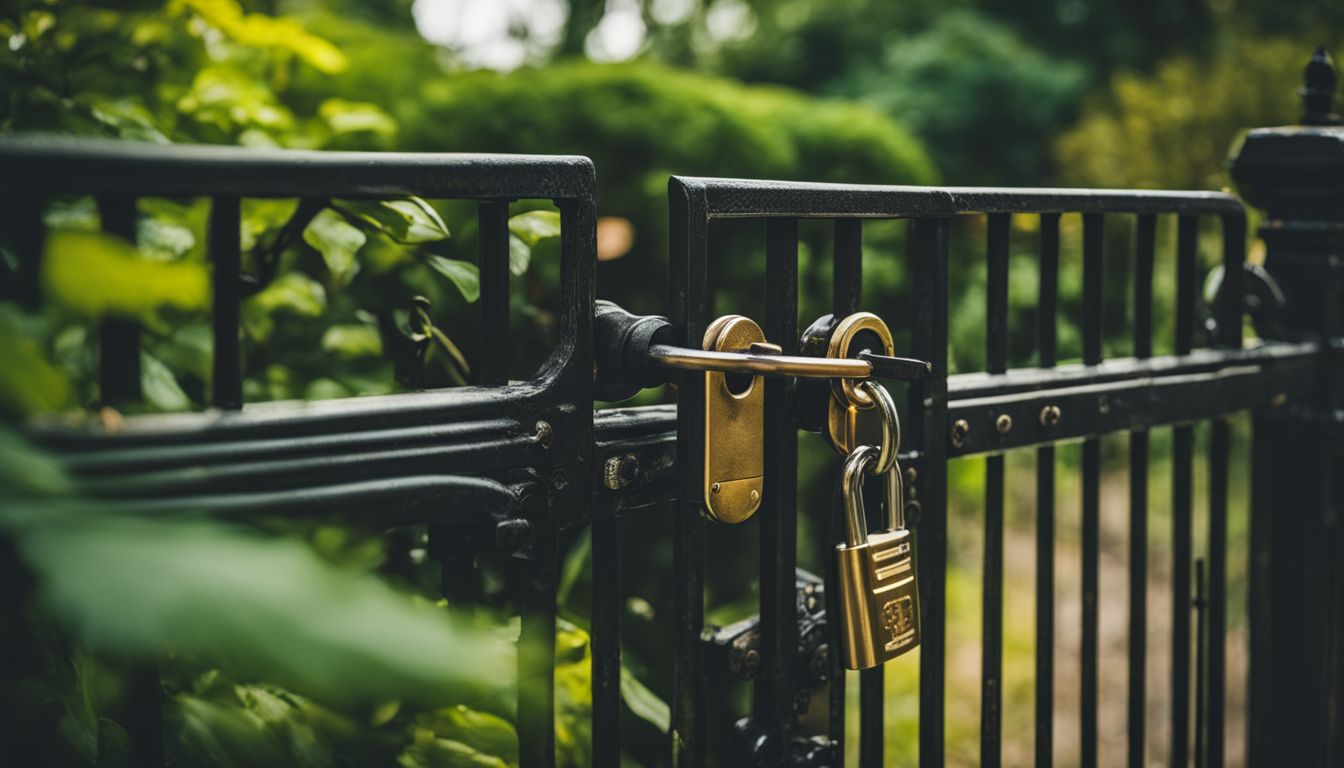 A secure lock on a gate surrounded by greenery in a bustling atmosphere.