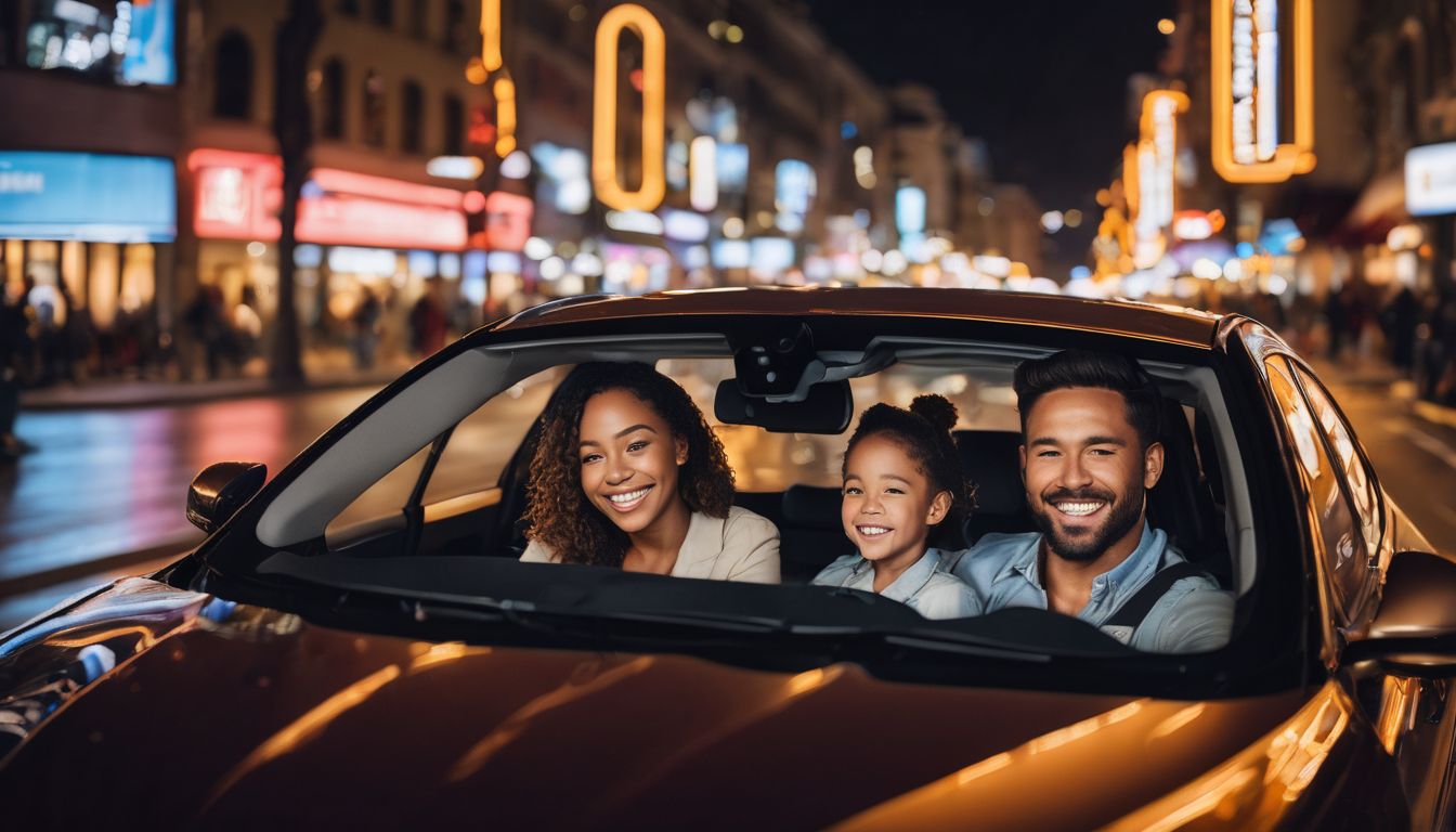 A happy family in a car with city lights at night.