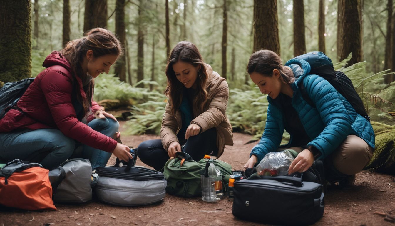 A family unpacks camping gear in a tranquil forest setting.